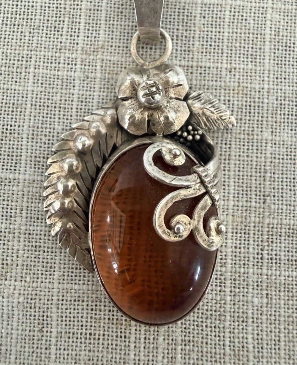 Artisan Sterling Silver Baltic Honey Amber Pendant Necklace 18” Rope Chain 925
